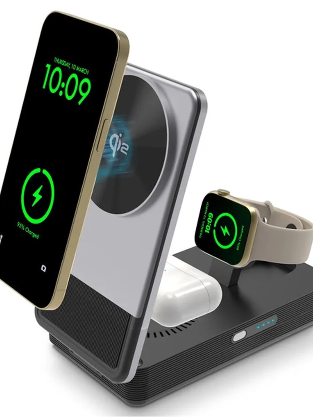 3-in-1 Wireless Charging Station for Phone, Earbuds & Smartwatch - Black/Gray